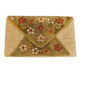 Vintage Lasa Gold Embroidered Clutch Purse with Chain Strap